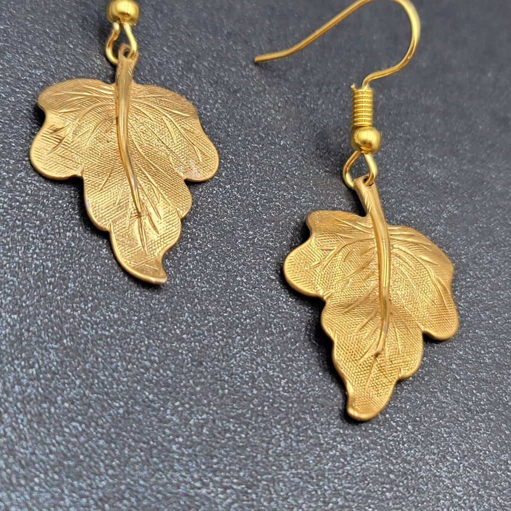 Pierced Earrings Brushed Gold Plated Dangle Detailed Leaves 1 1/8"