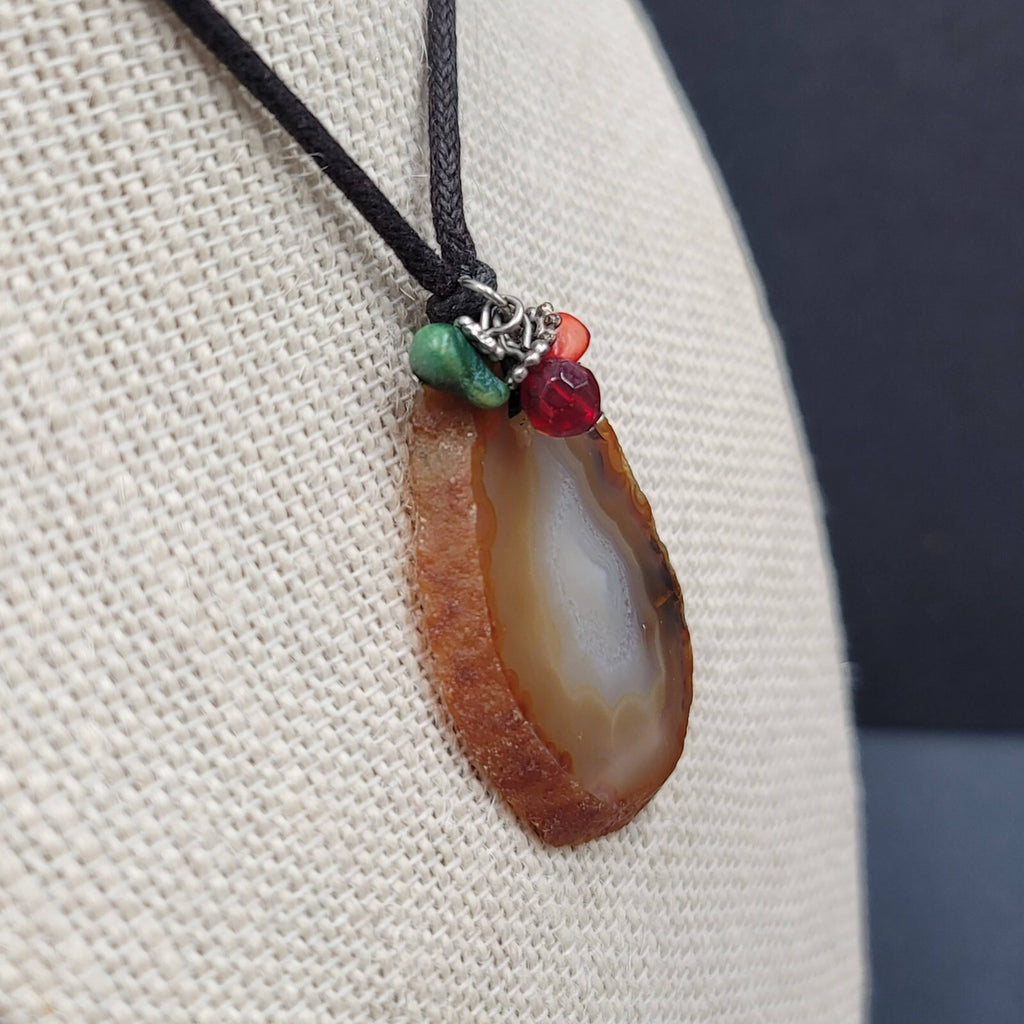 Banded Agate Geode Slice Pendant Necklace Beads Black Cord 15"-18"