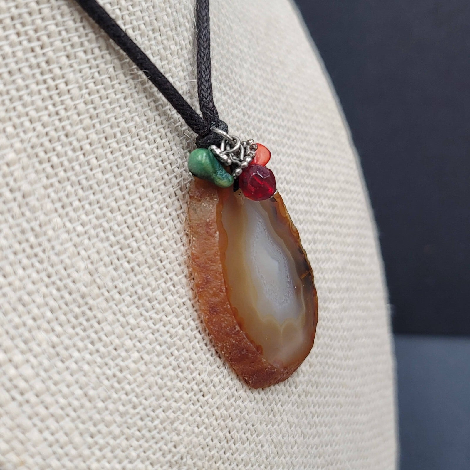 Banded Agate Geode Slice Pendant Necklace Beads Black Cord 15"-18"