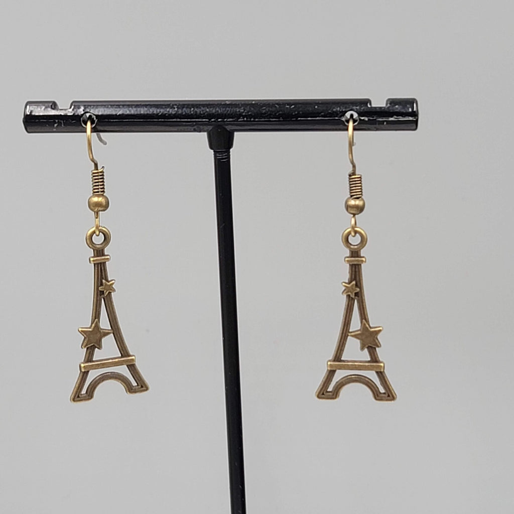 Eiffel Tower Pierced Earrings Bronze tone Stars Dangle NEW 1 1/8"