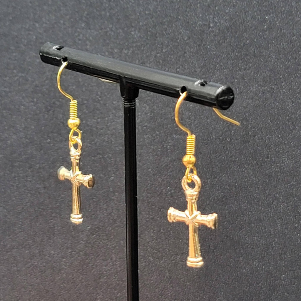Cross Pierced Earrings Gold tone Dangle 3/4"