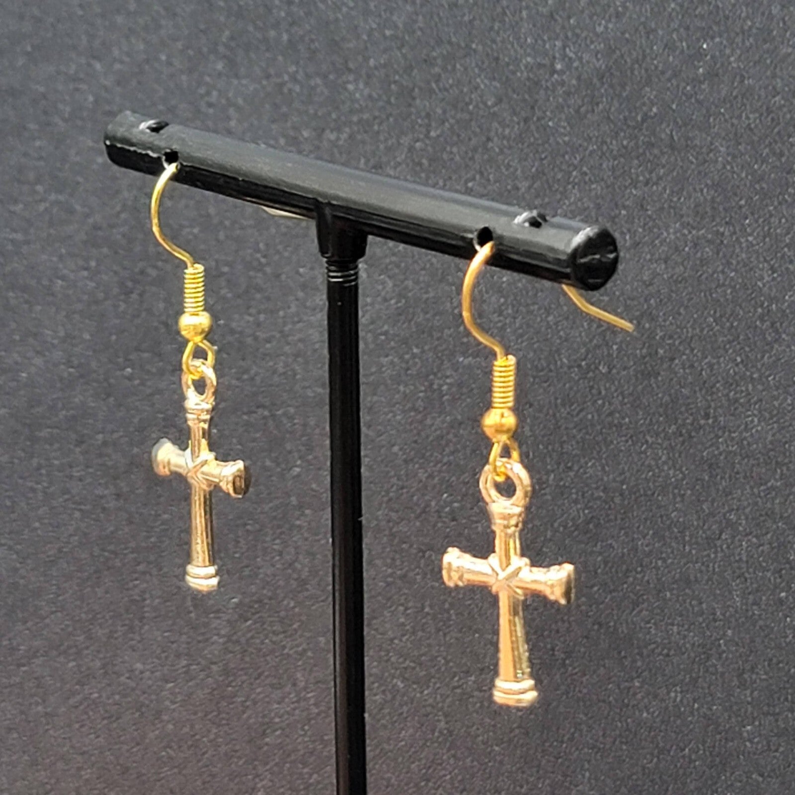 Cross Pierced Earrings Gold tone Dangle 3/4"
