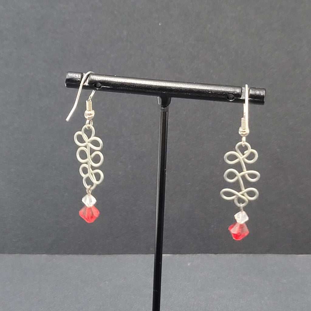 Pierced Earrings Silver tone Wire Red Crystal Bead 1.25"