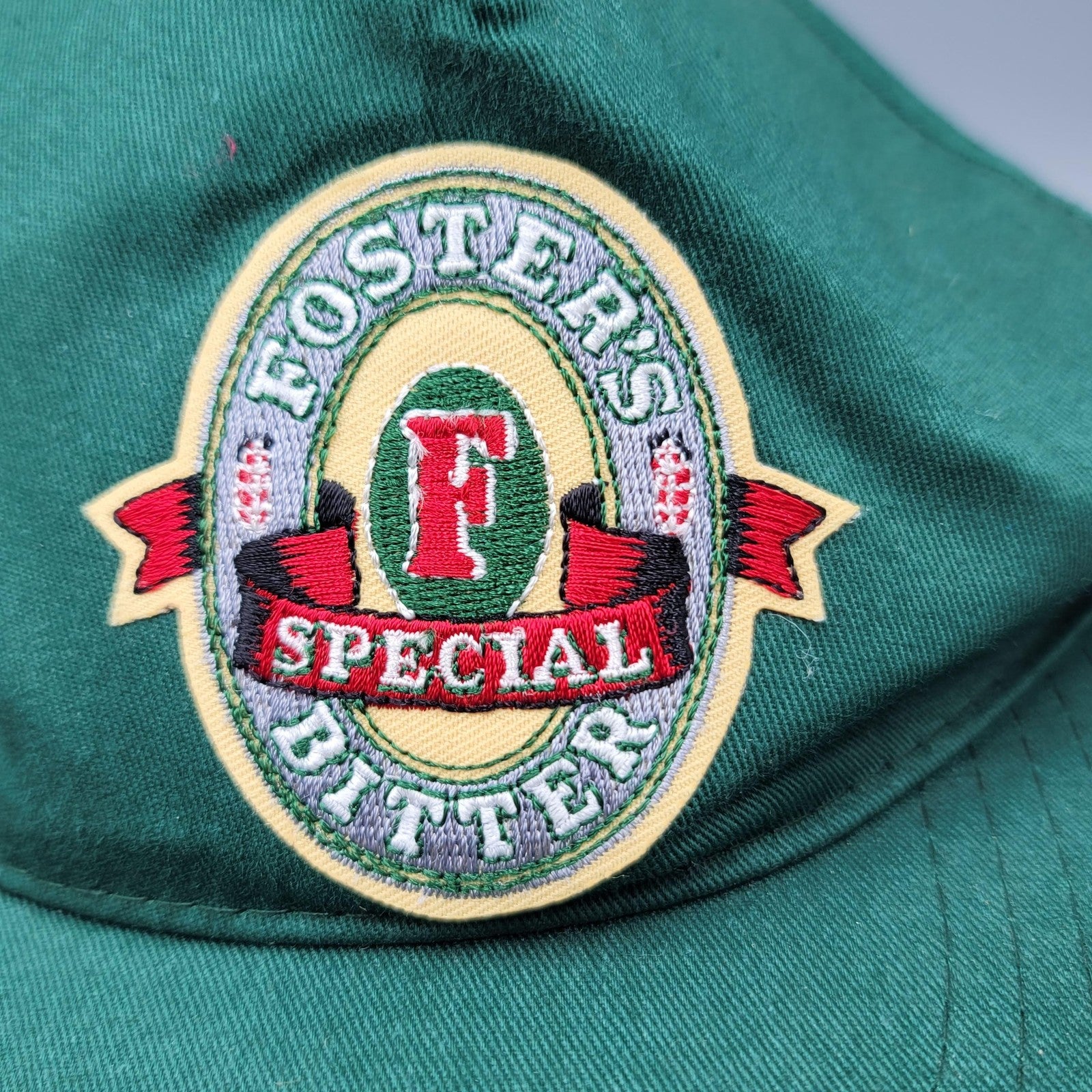 Vtg Fosters Special Bitter Hat Cap Snap Back Green Embroidered Patch Beer Mens