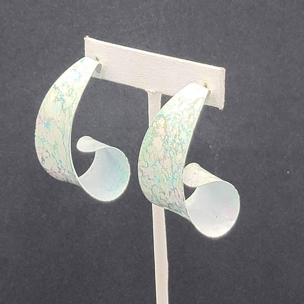 Vintage Pierced Earrings Large Green White Enamel Statement Hoops 2"
