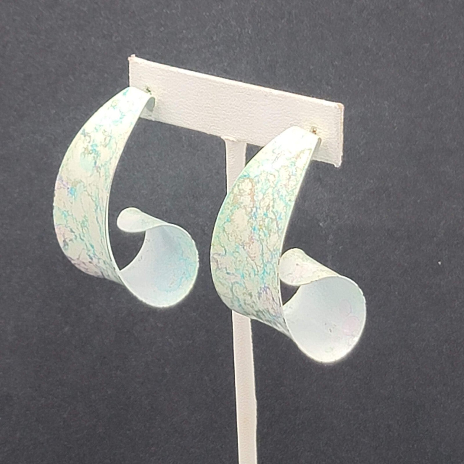 Vintage Pierced Earrings Large Green White Enamel Statement Hoops 2"