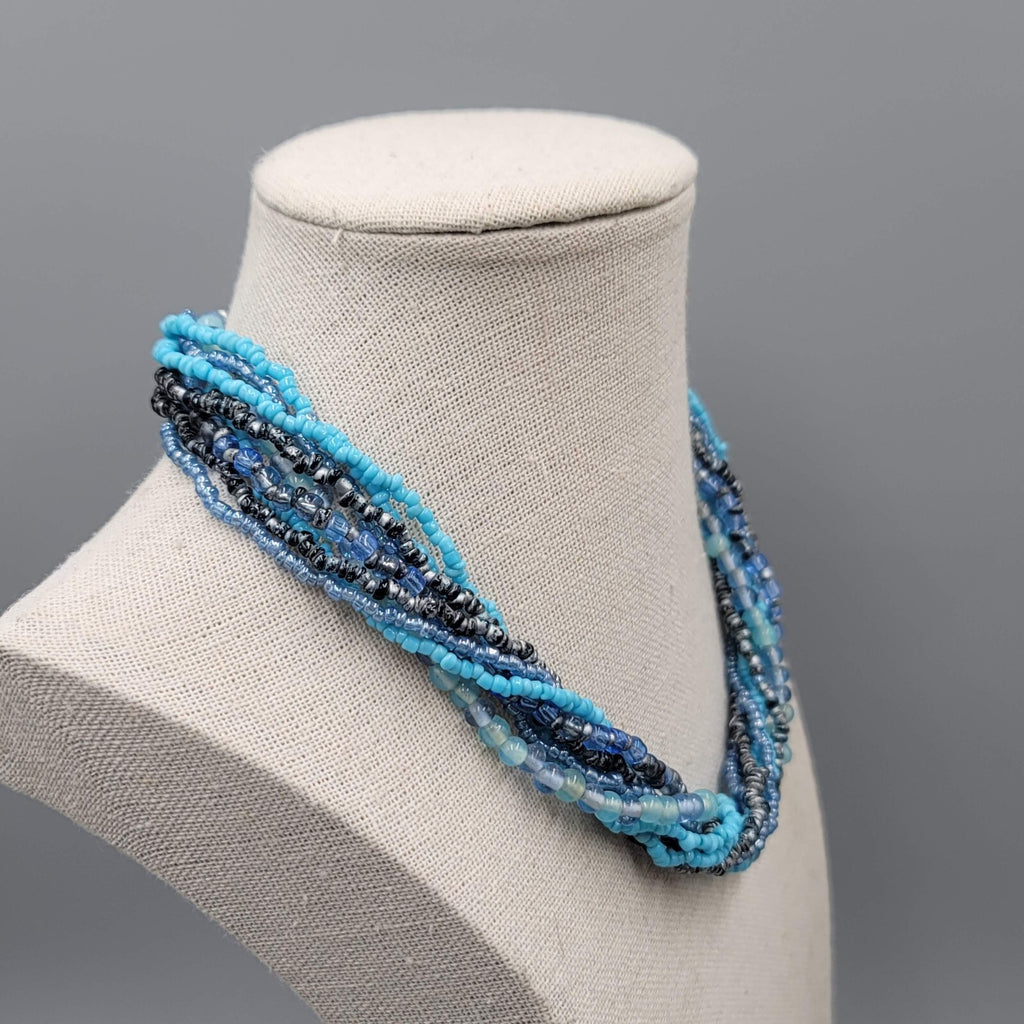 Multi Strand Blue Bead Twist Necklace Layered Silver tone 14"-17"