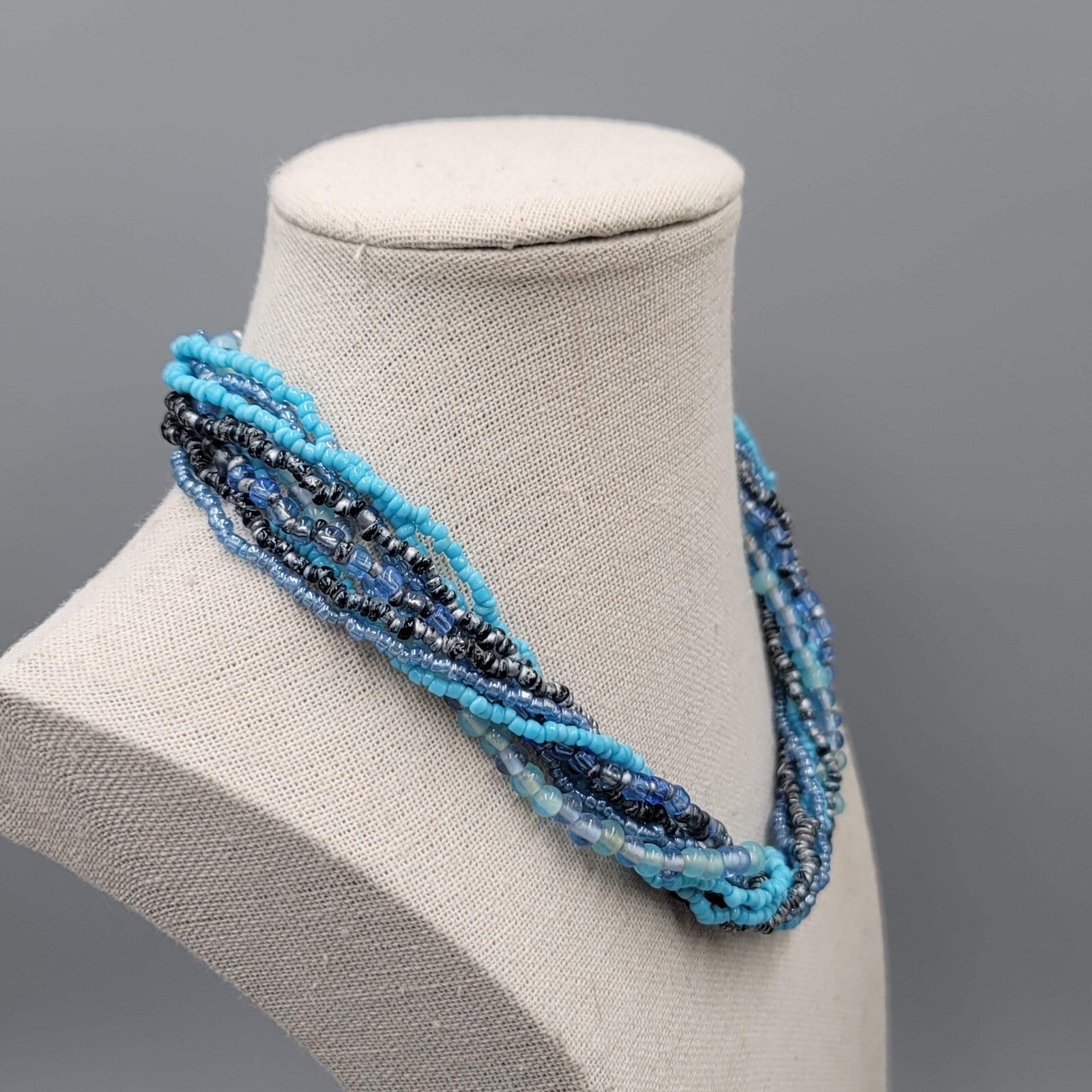 Multi Strand Blue Bead Twist Necklace Layered Silver tone 14"-17"