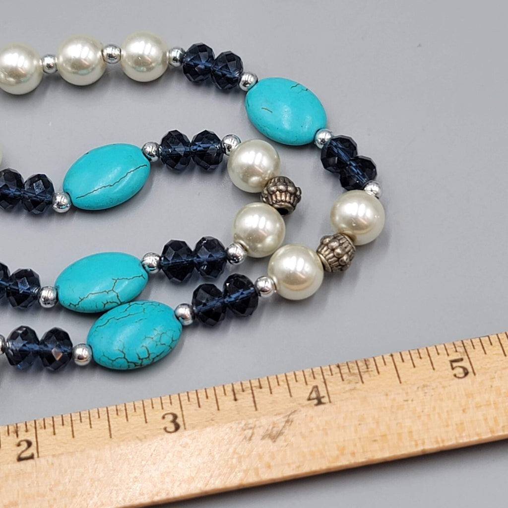 Blue Stone Bead Necklace Blue White Silver tone 18"