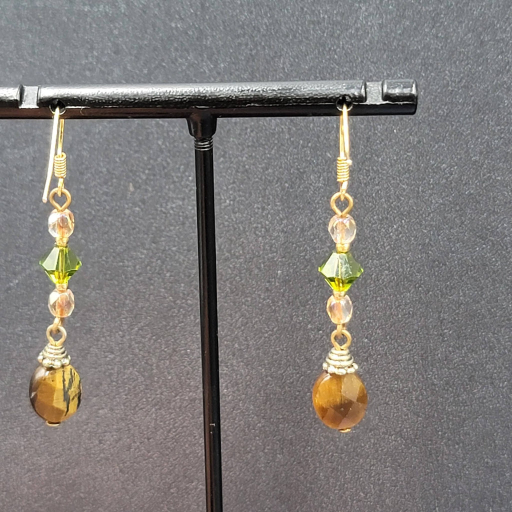 Pierced Earrings Tigers Eye Pink Green Crystal Bead 1.5"