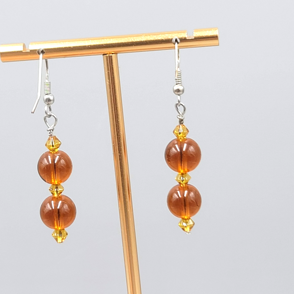 Brown Glass Bead Pierced Earrings Silver tone Dangle 1.5 in