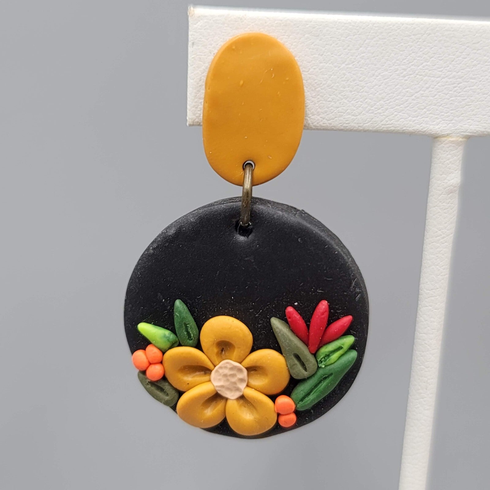 Polymer Clay Flower Pierced Earrings Tan Black Dangle Fall 1.75"