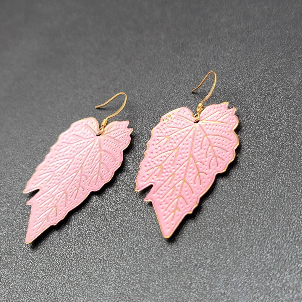 Pierced Earrings Gold tone Pink Enamel Large Statement Dangle Leaves Lightweight