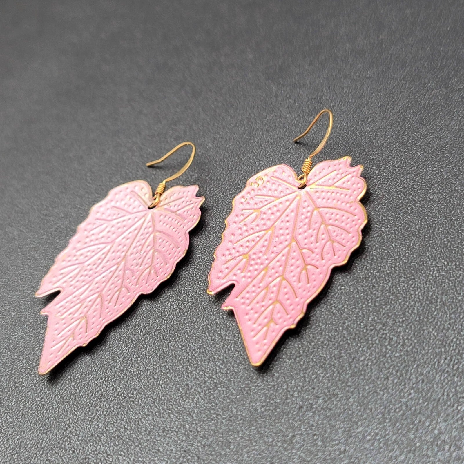 Pierced Earrings Gold tone Pink Enamel Large Statement Dangle Leaves Lightweight