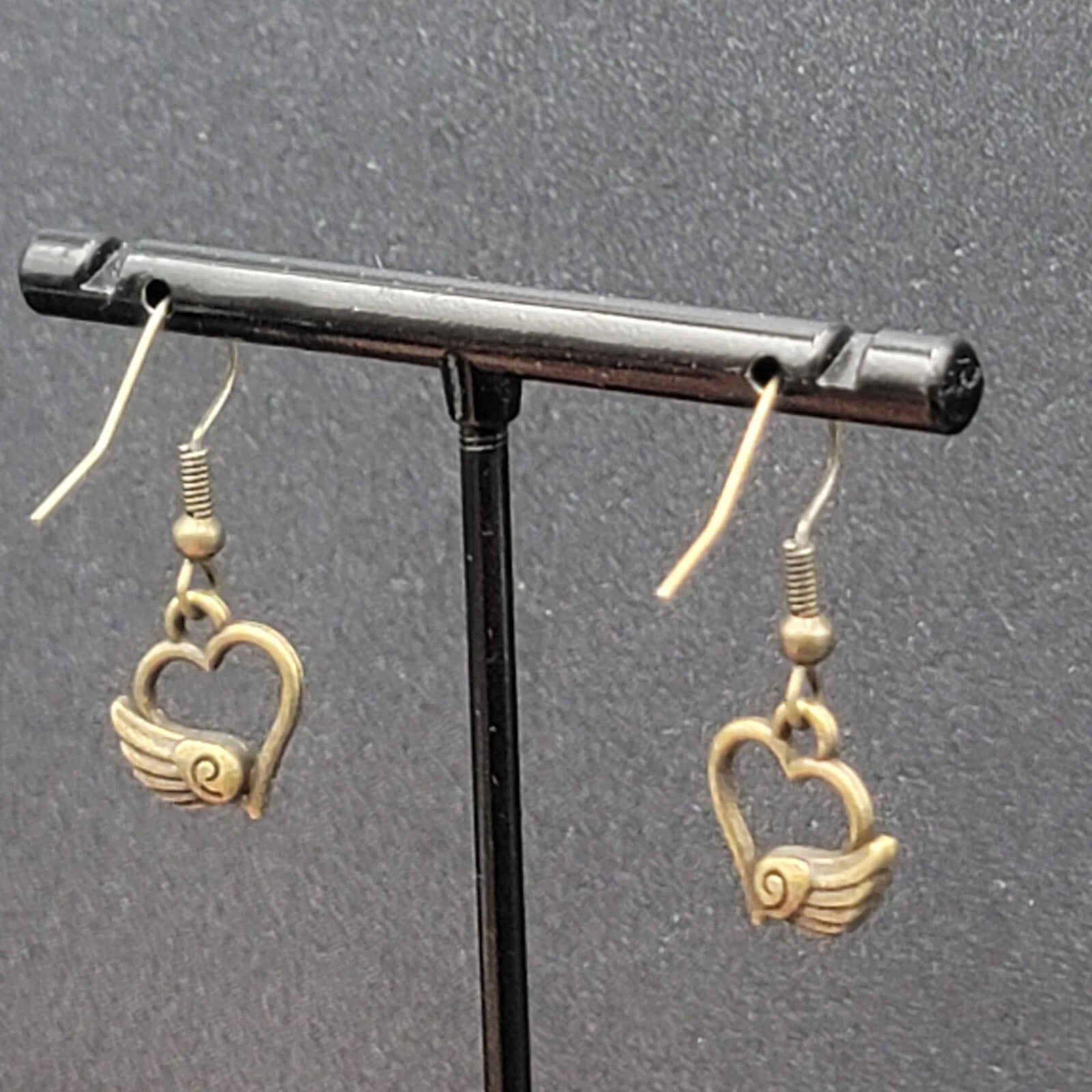 Pierced Earrings Bronze tone Open Winged Heart Dainty Dangle 1/2"