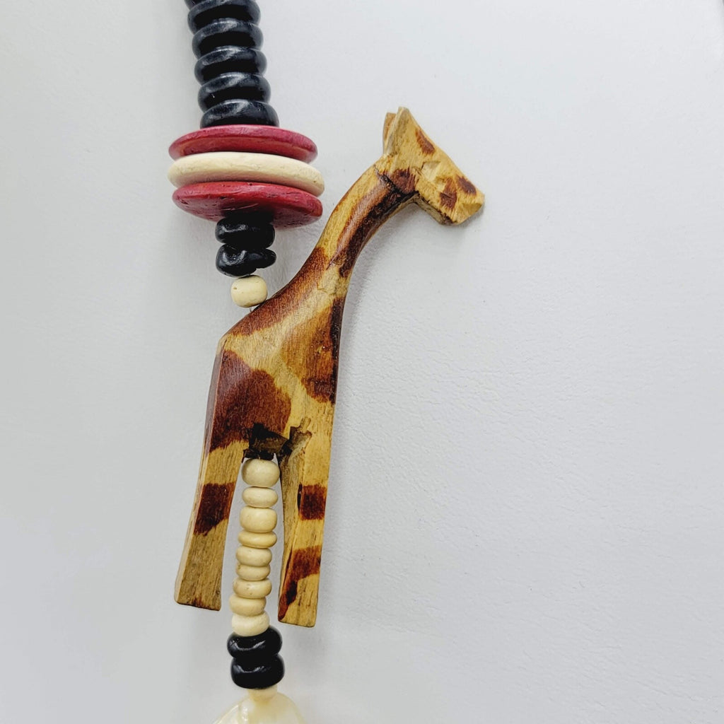 Safari African Giraffe Carved Wood Beaded Necklace Vintage 28"