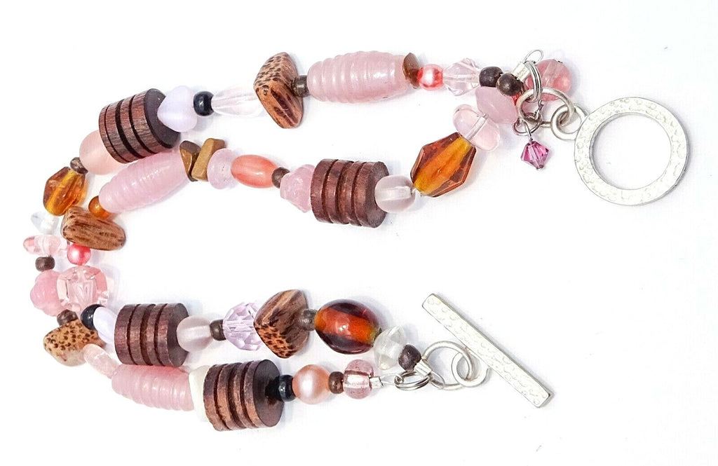 Pink Art Glass Seed Wood Beaded Double Strand Toggle Clasp Bracelet 7 1/2"