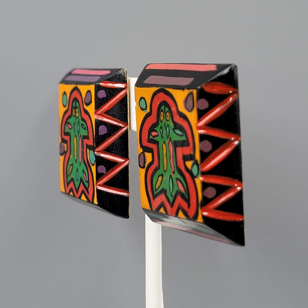 Vintage Wood Square Pierced Earrings Hand Painted Made in India 1.5"