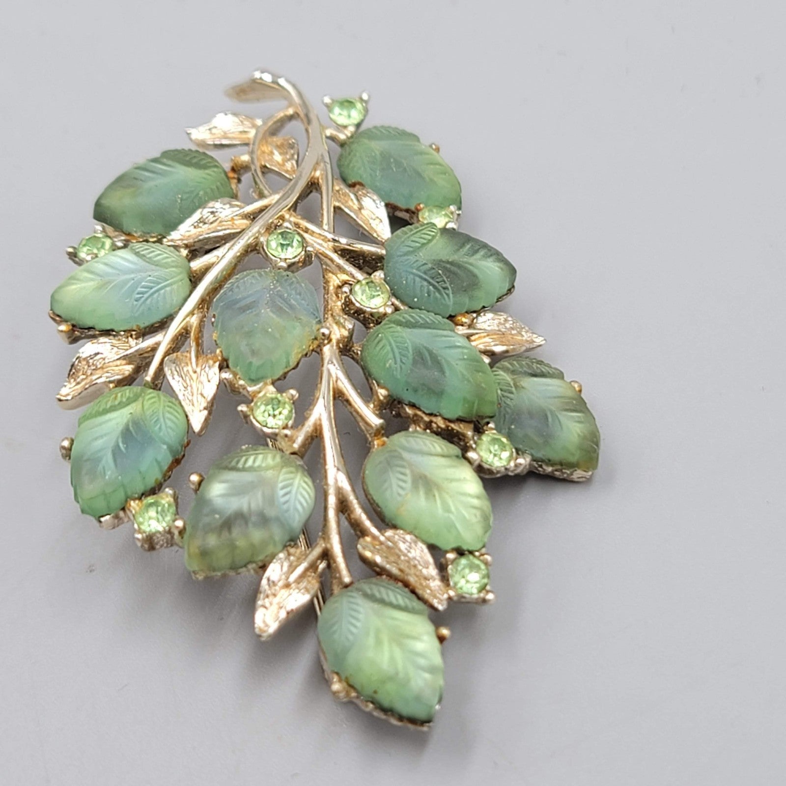 Vintage Coro Brooch Green Molded Glass Leaf Rhinestone Gold tone 2.5"