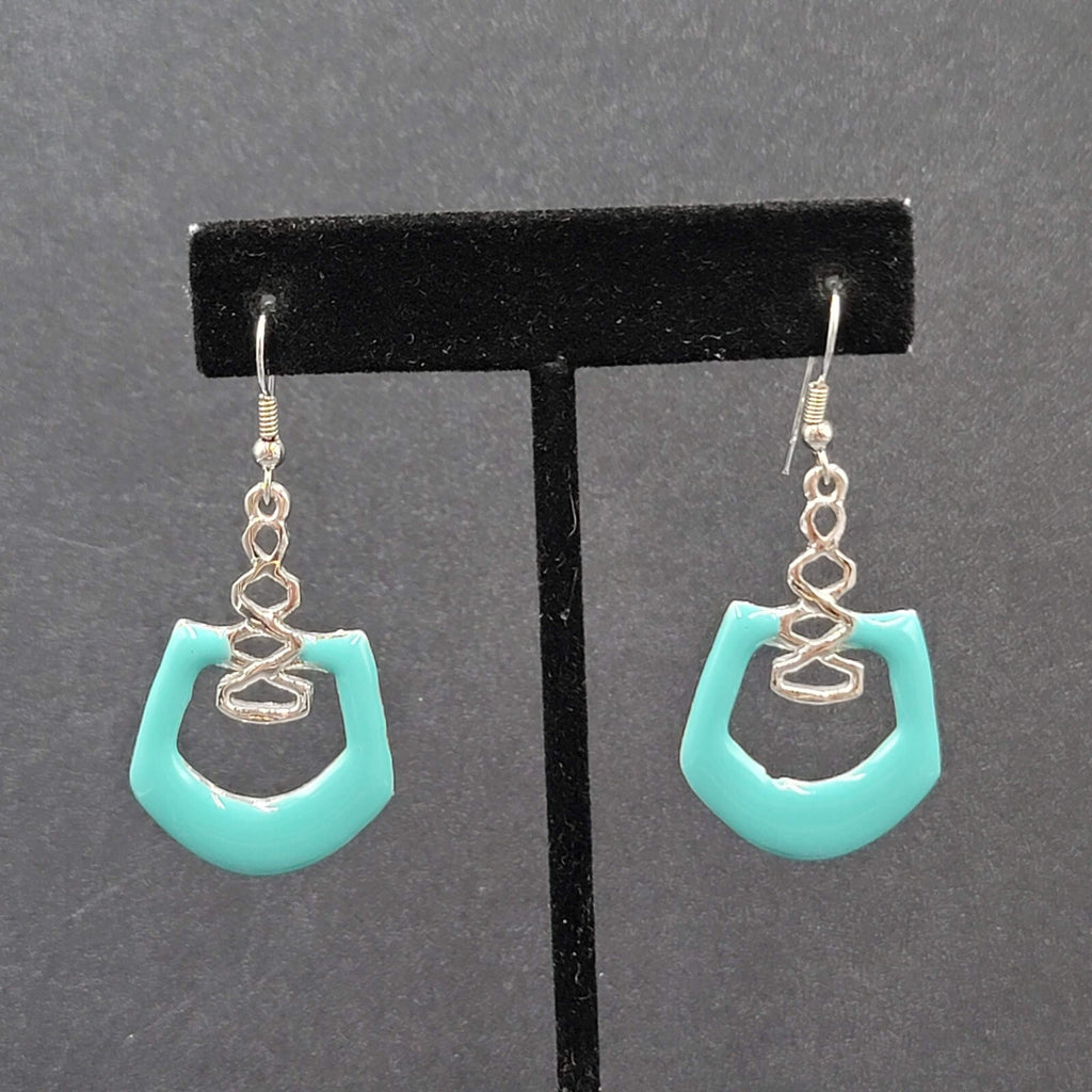 Pierced Earrings Silver Plated Blue Enamel Geometric Dangle 1.5"