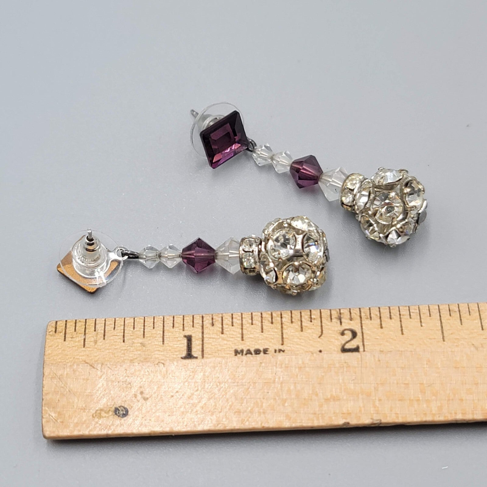 Vintage Purple Rhinestone Pierced Earrings Silver tone Bead Dangle  1.75"