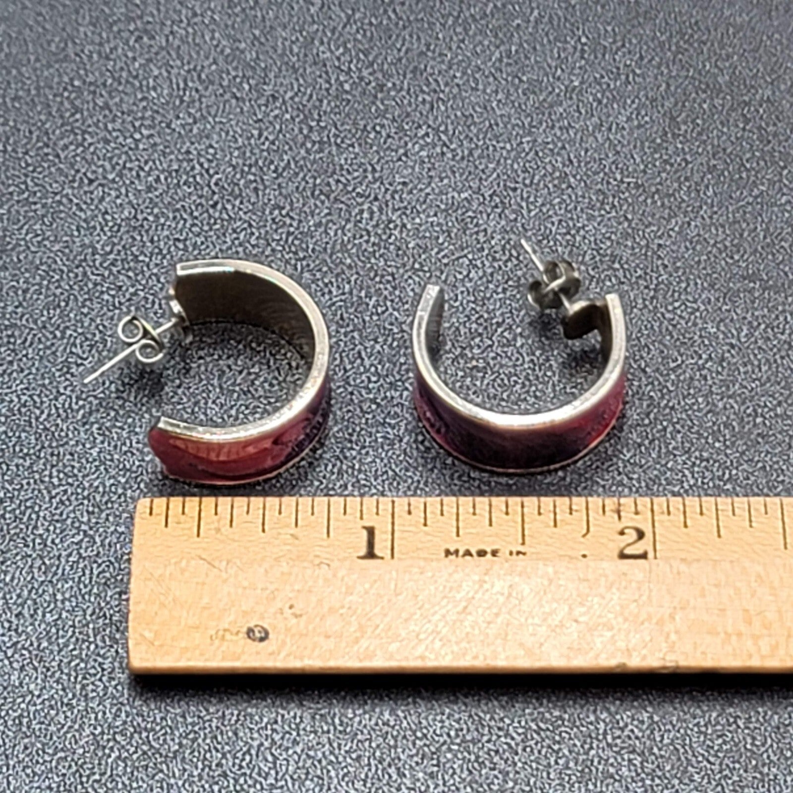 Vintage Pierced Earrings Silver tone Pink Purple Enamel Wide Hoops 3/4"
