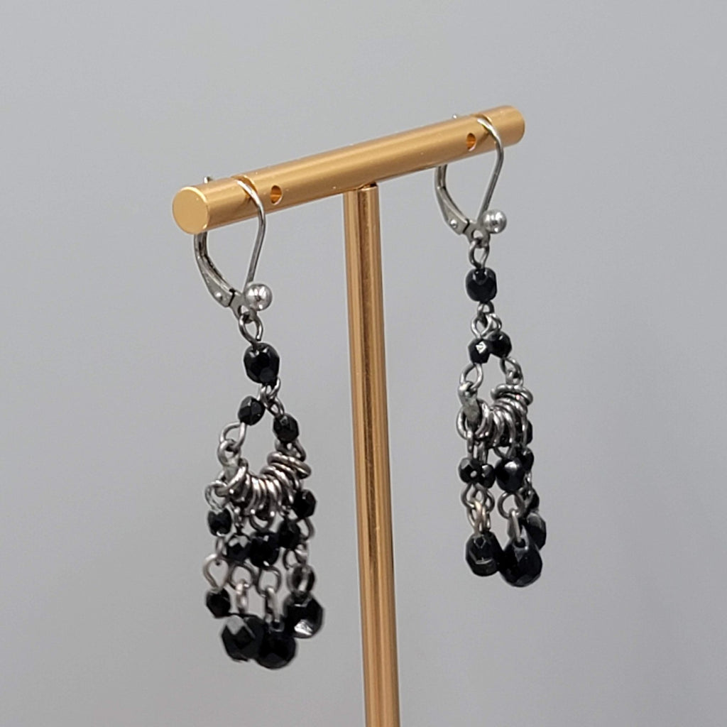 Chandelier Black Bead Pierced Earrings Silver tone Dangle 1.5"