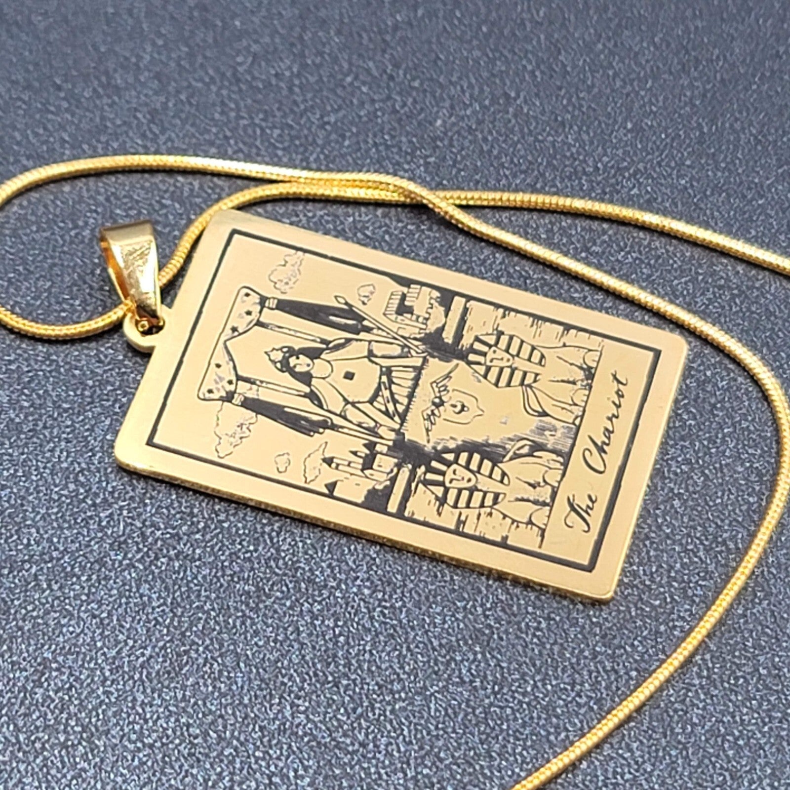 The CHARIOT Tarot Card Pendant Necklace Major Arcana Gold tone 18”.
