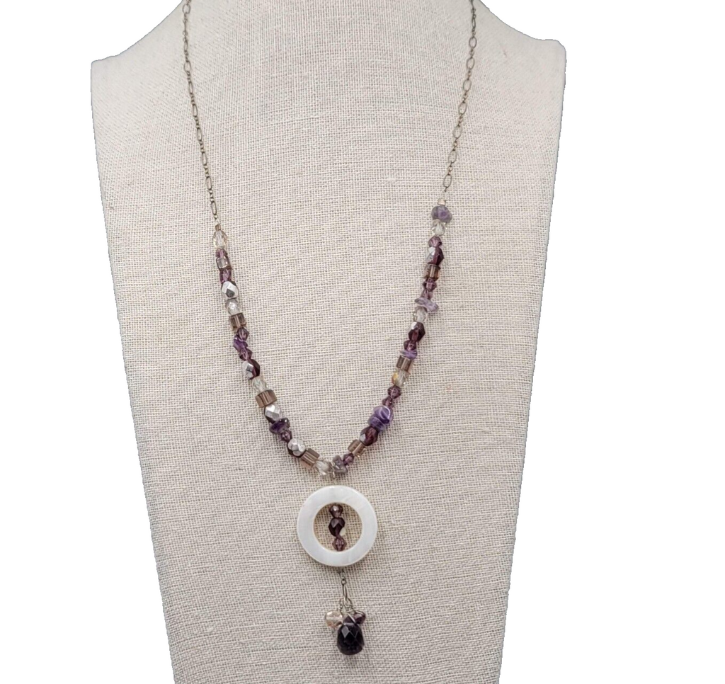 Sterling Silver Necklace Bead Amethyst Y Drop Unique Chain Mother of Pearl 18"