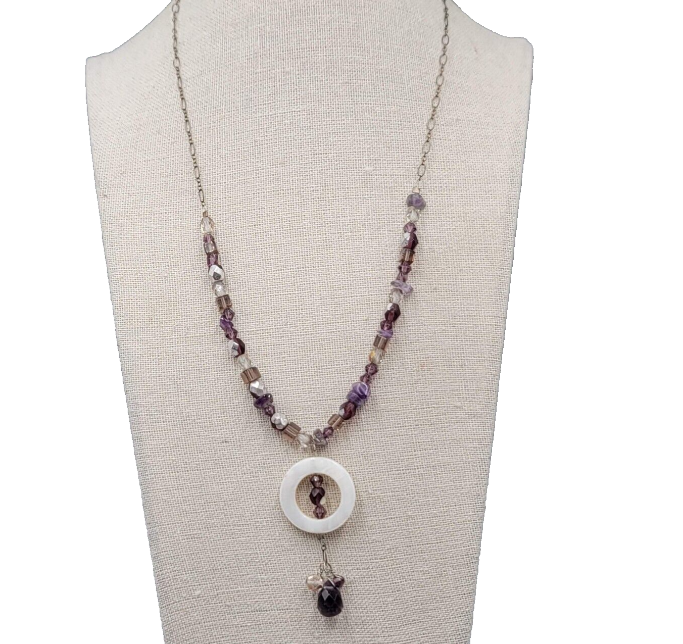 Sterling Silver Necklace Bead Amethyst Y Drop Unique Chain Mother of Pearl 18"
