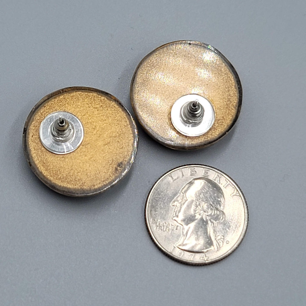 Vintage Star Resin Pierced Earrings Black Gold Round Domed 1"