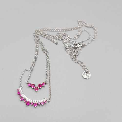 Bomb Party Layer Necklace Dark Pink Crystals Silver Plated 20"