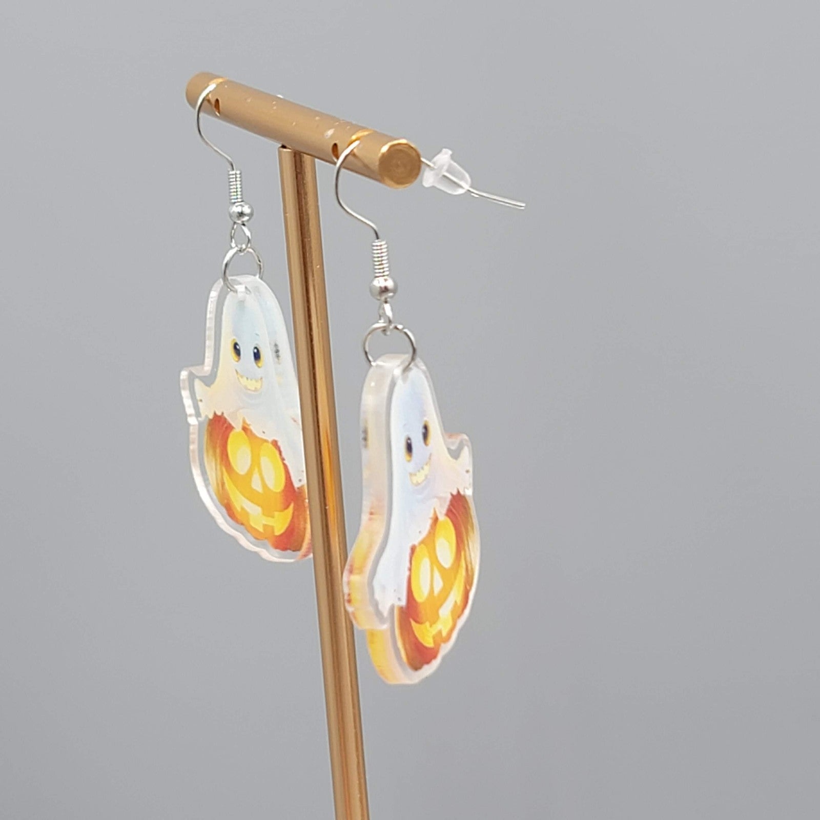 Halloween Ghost Pumpkin Pierced Earrings Silver tone Dangle 1.5 in