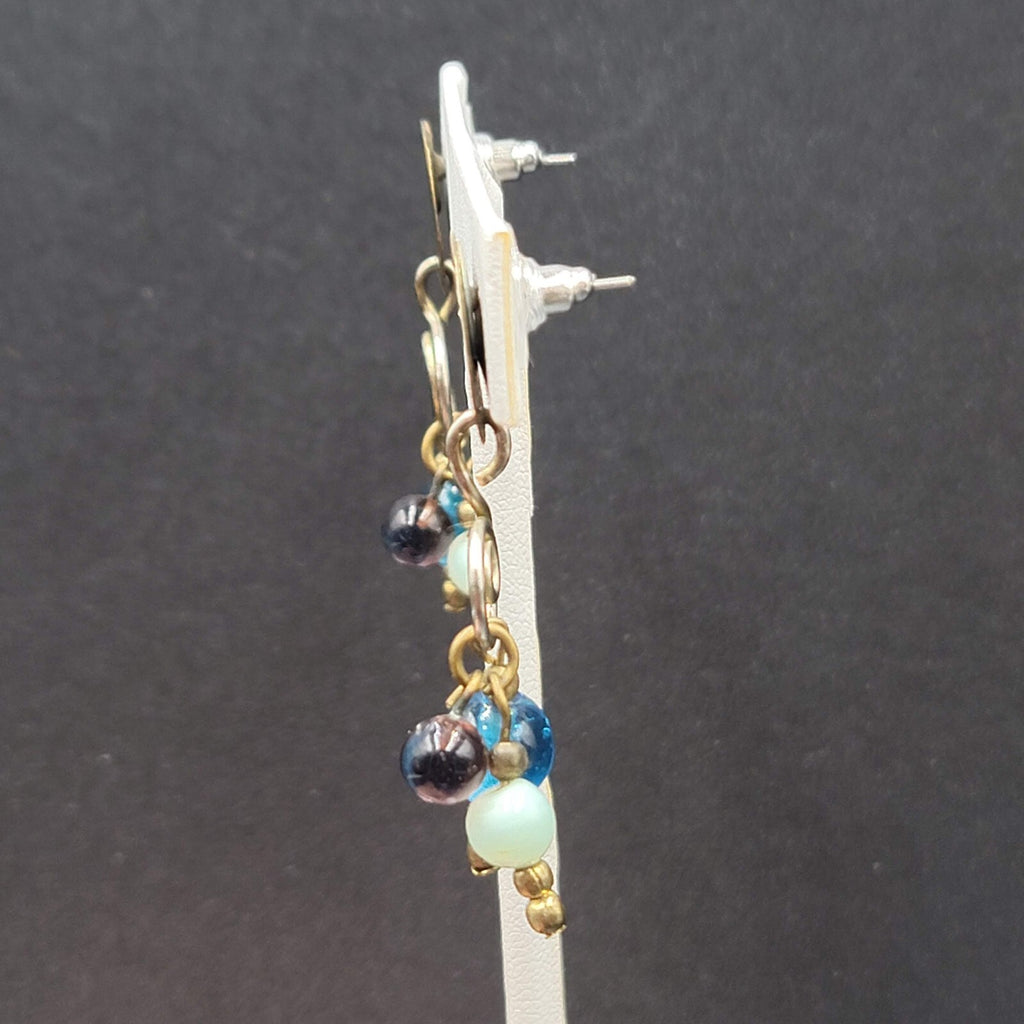 Pierced Earrings Tri tone Metals Glass Bead Modernist Dangle 1.75"