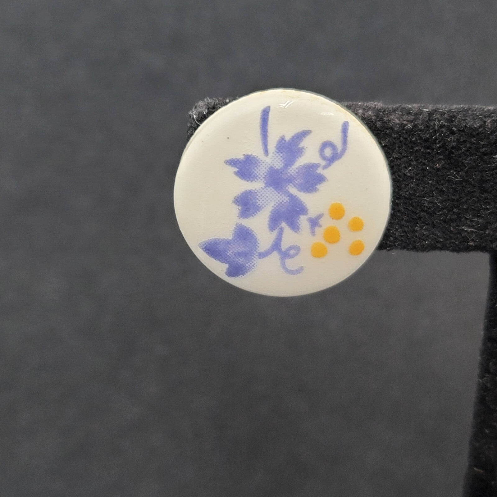 Vintage Pierced Earrings Ceramic White Hand Painted Purple Yellow Grapes 3/4"