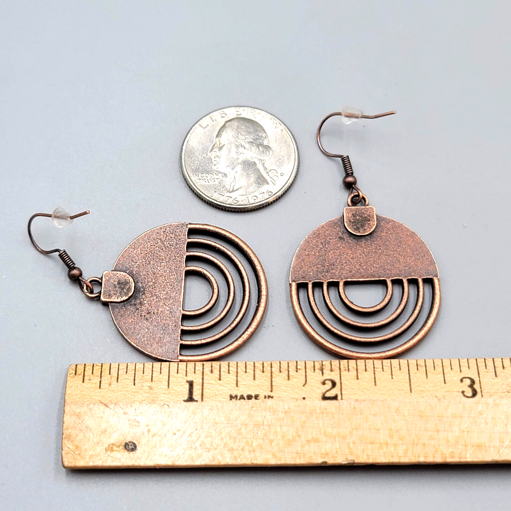 Bronze tone Dangle Pierced Earrings Textured Round Open Work Dangle 1 3/8"