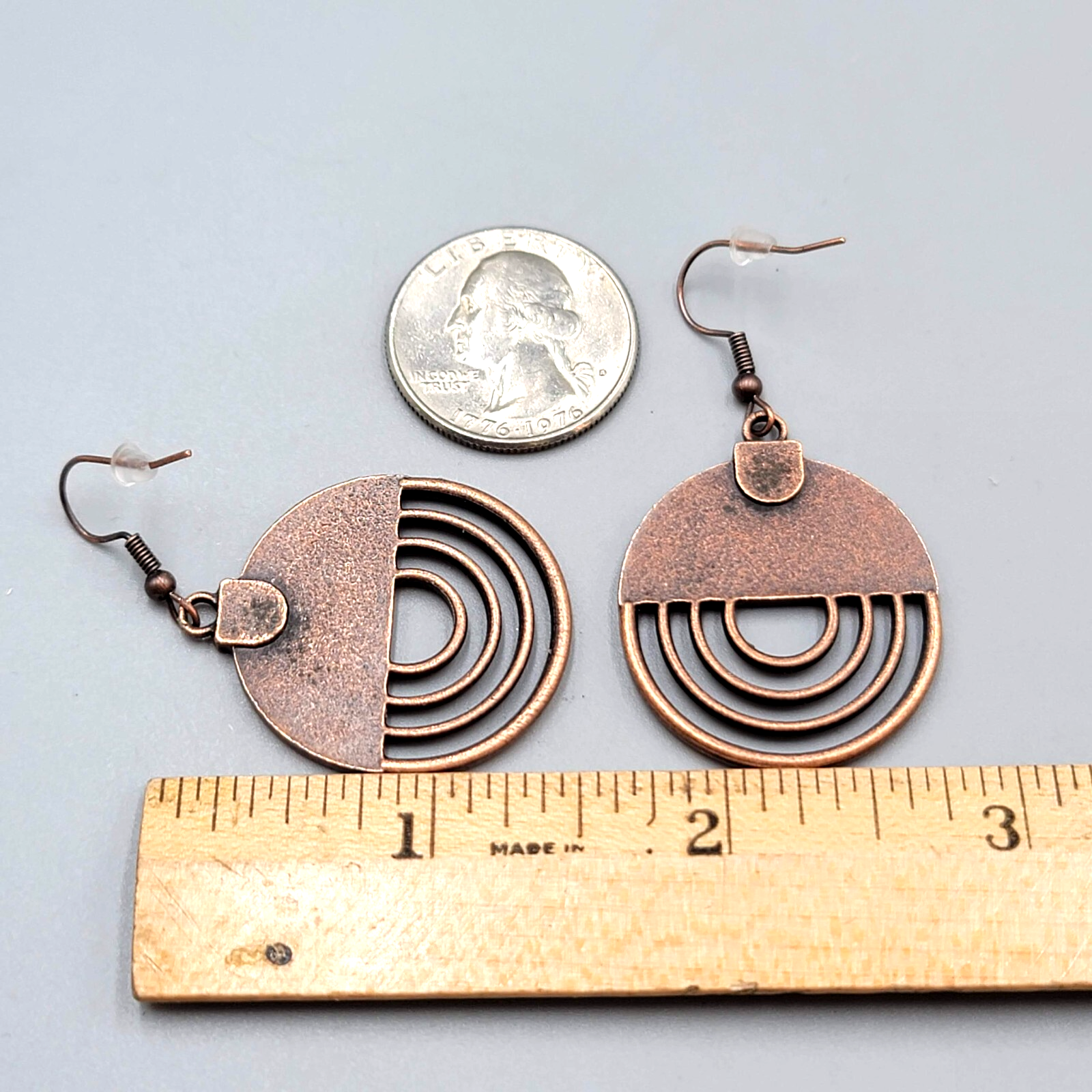 Bronze tone Dangle Pierced Earrings Textured Round Open Work Dangle 1 3/8"