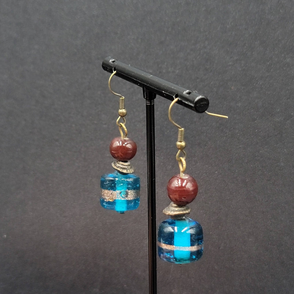 Pierced Earrings Bronze tone Art Glass Blue Bead Dangle 1.25"