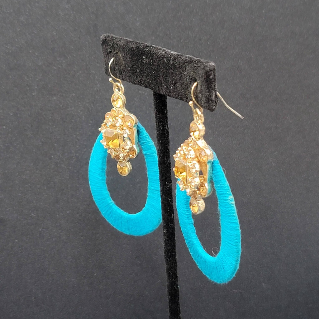 Pierced Earrings Gold tone Yellow Rhinestone Blue String Wrapped Hoops 2.25"
