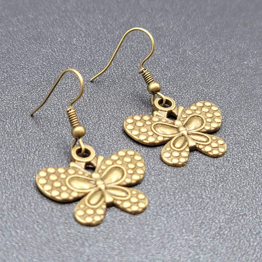 Butterfly Pierced Earrings Dangle Bronze tone Embossed 7/8"