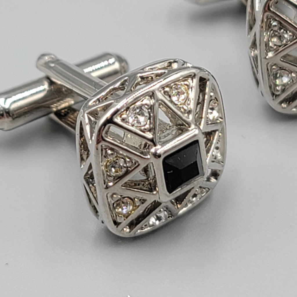 Rhinestone Silver Tone Cufflinks Square Black Center 3/4"