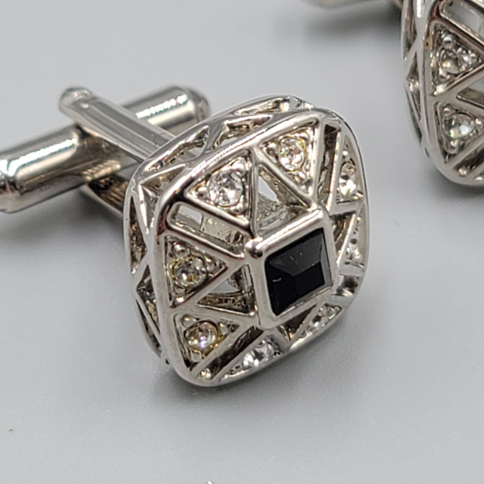 Rhinestone Silver Tone Cufflinks Square Black Center 3/4"