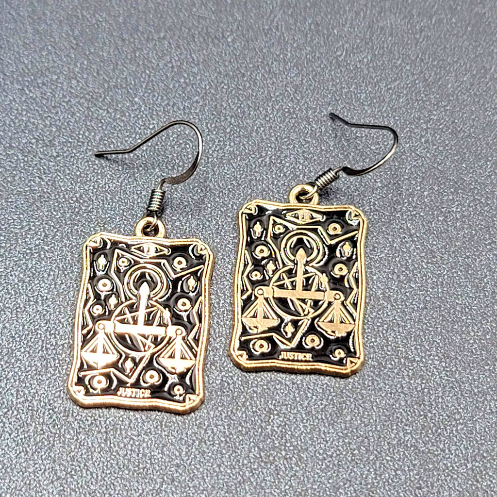 Tarot Card Pierced Earrings JUSTICE Scales Gold tone Black 1"