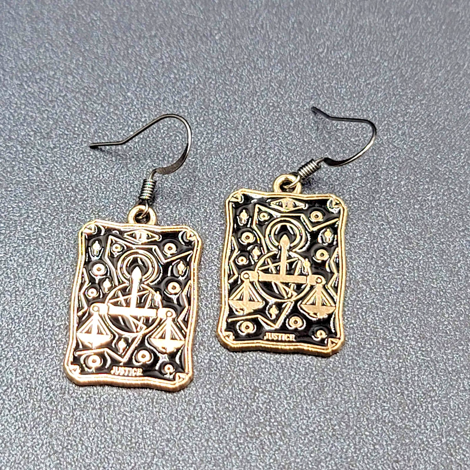 Tarot Card Pierced Earrings JUSTICE Scales Gold tone Black 1"