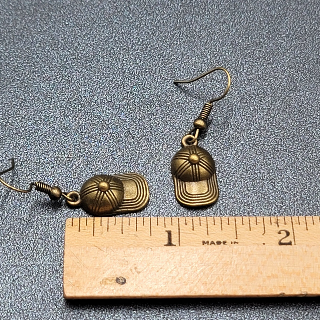 New Baseball Hat Pierced Earrings Bronze tone Dangle 3/4"