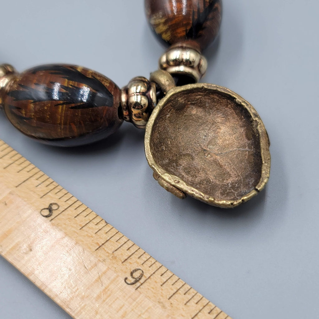 Vintage African Necklace Brass Face Mask Pendant Hand Painted Beads 22 in