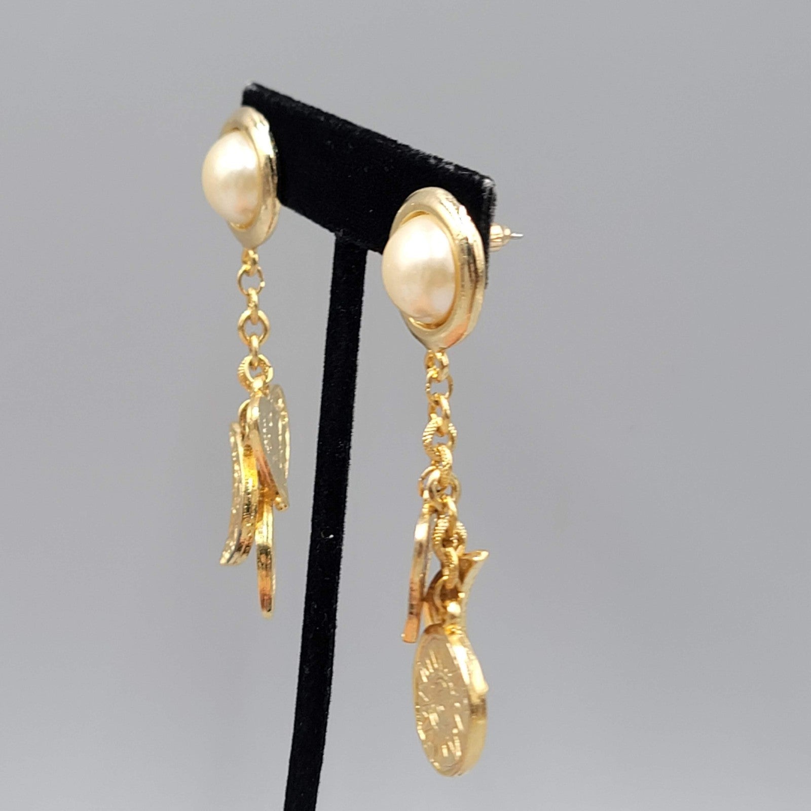 Vintage Heart Moon Sun Pierced Earrings Gold tone Dangle 2.5 in