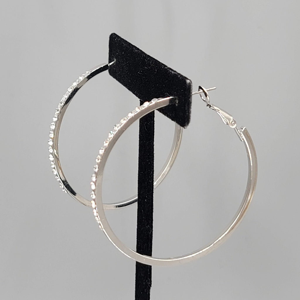 Rhinestone Hoop Pierced Earrings Silver toen Large 1 7/8"