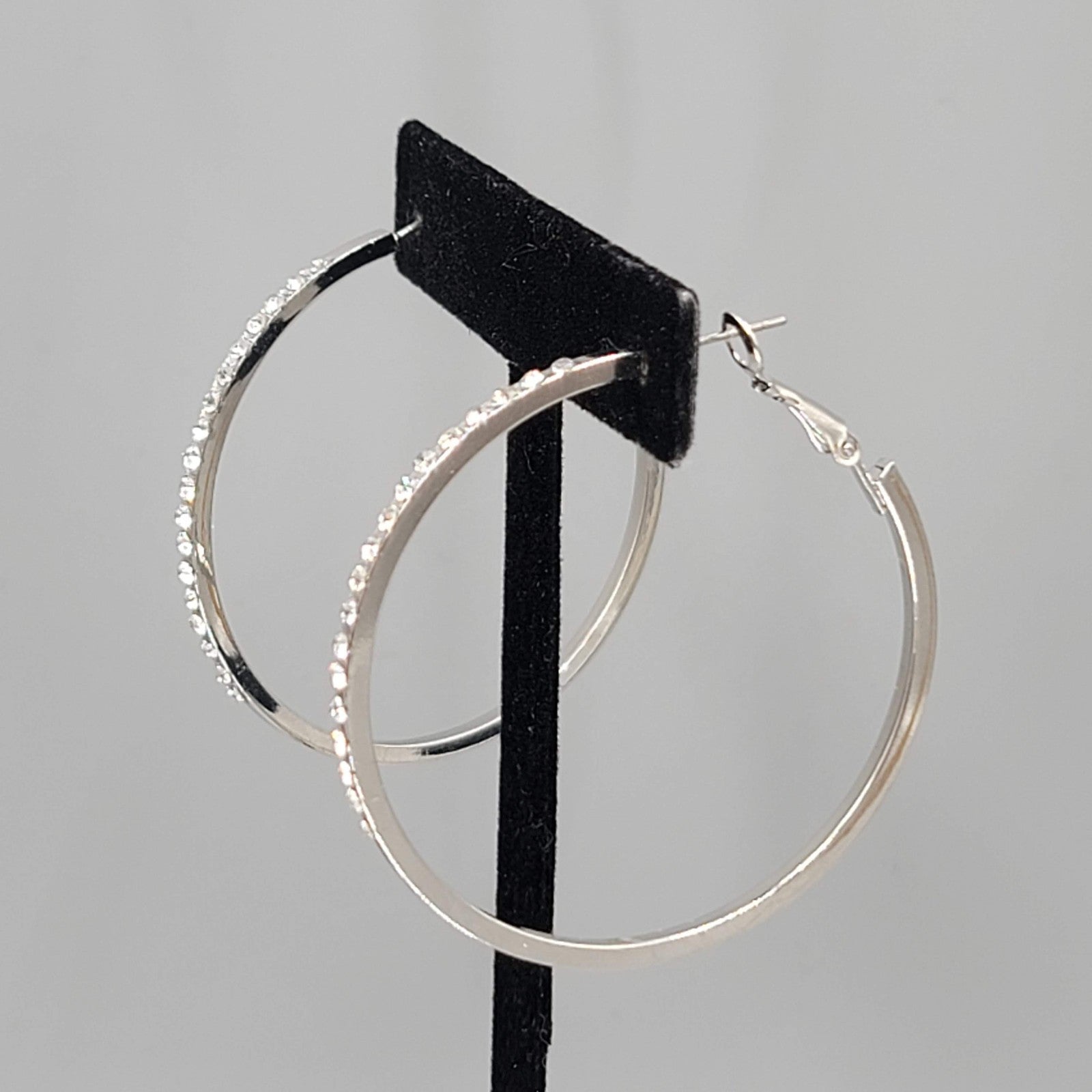 Rhinestone Hoop Pierced Earrings Silver toen Large 1 7/8"