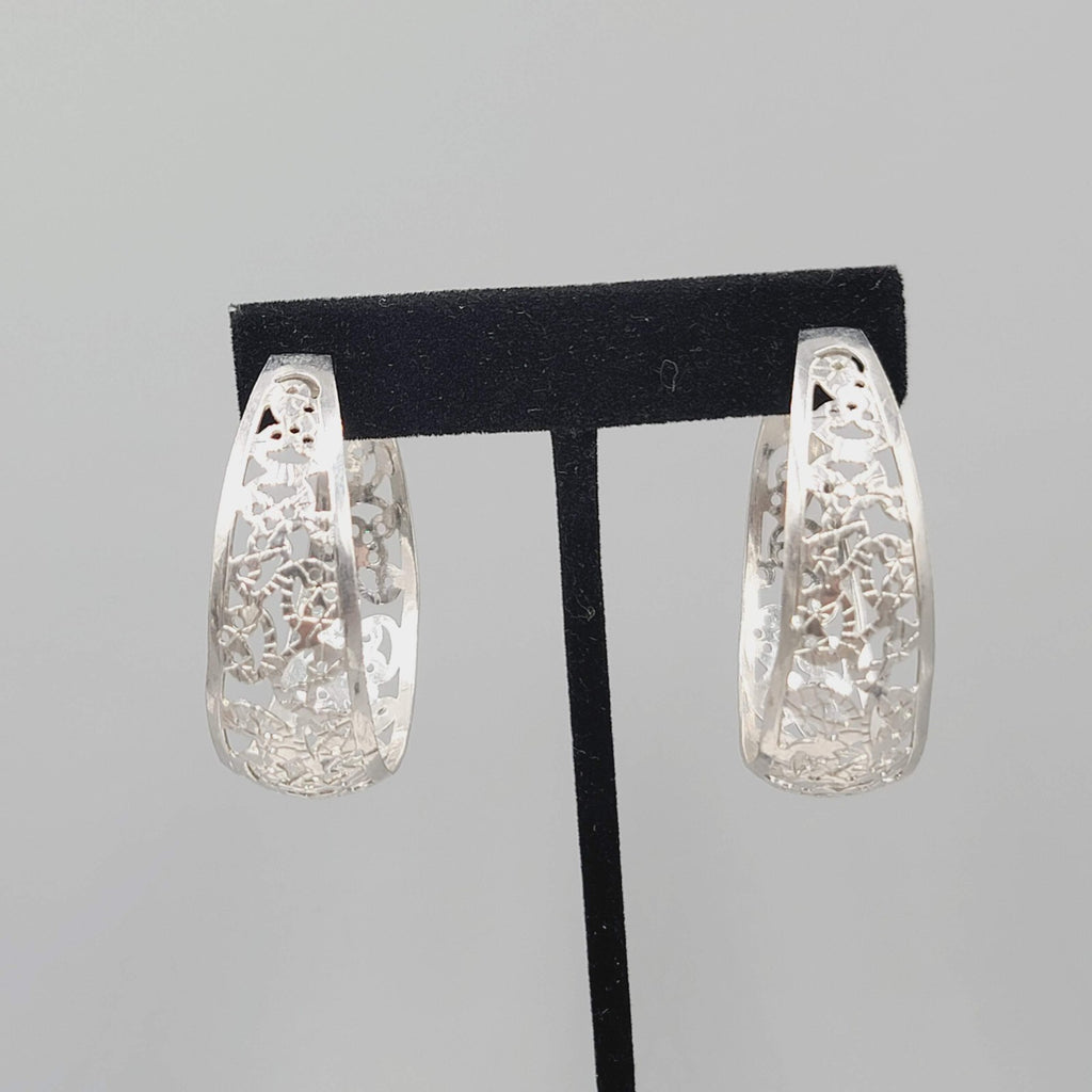 Filigree Hoop Pierced Earrings Drop Silver tone 1.75"